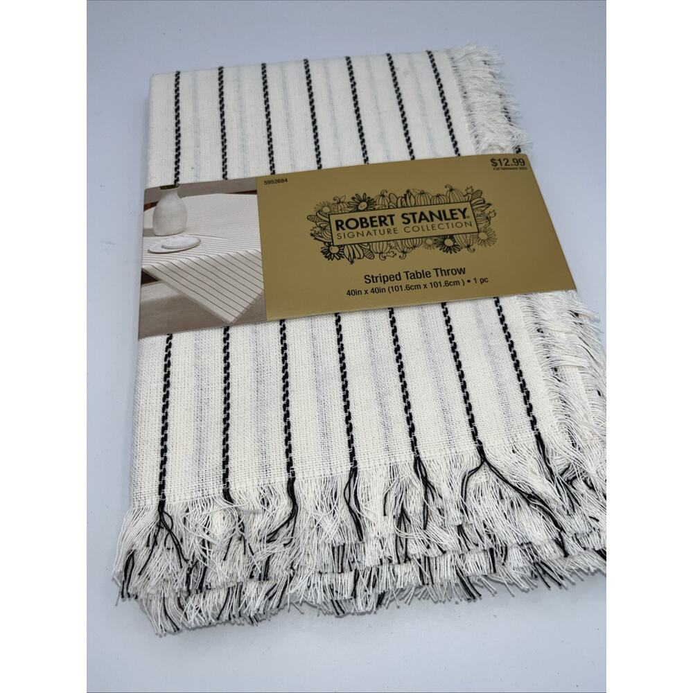 Robert Stanley Farmhouse Striped TABLE THROW White Black 40”x40” Rustic NWT0